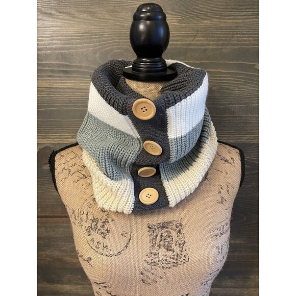 Unbranded Accessories - New Womens Infinity Scarf Blue Cream Button Detail Winter Knit Shawl Neck Wrap